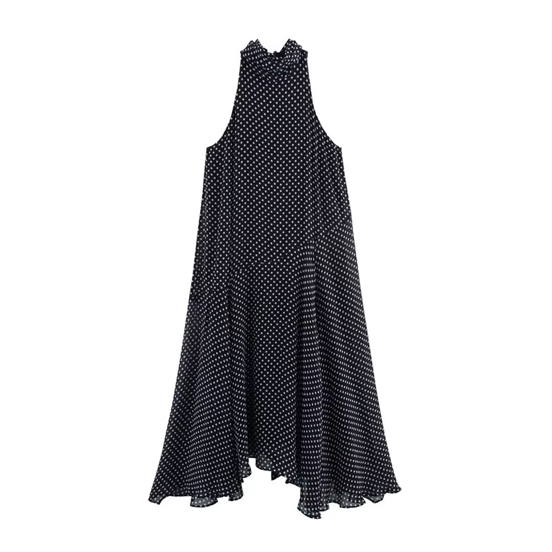 Robes longues à pois pour femmes, élégantes, Chic, sans manches, col montant, robe mi-longue, avec n