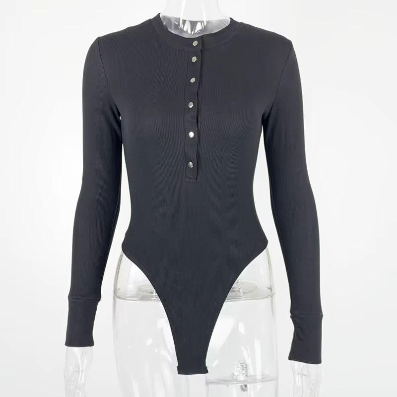 Body moulant sexy à col en V et boutons pour femme, haut tricoté à manches longues en coton, collect