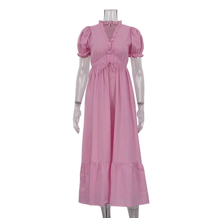 Robe longue d'été pour femme, style A-line, col en V, manches courtes, taille haute, coupe ajustée, 