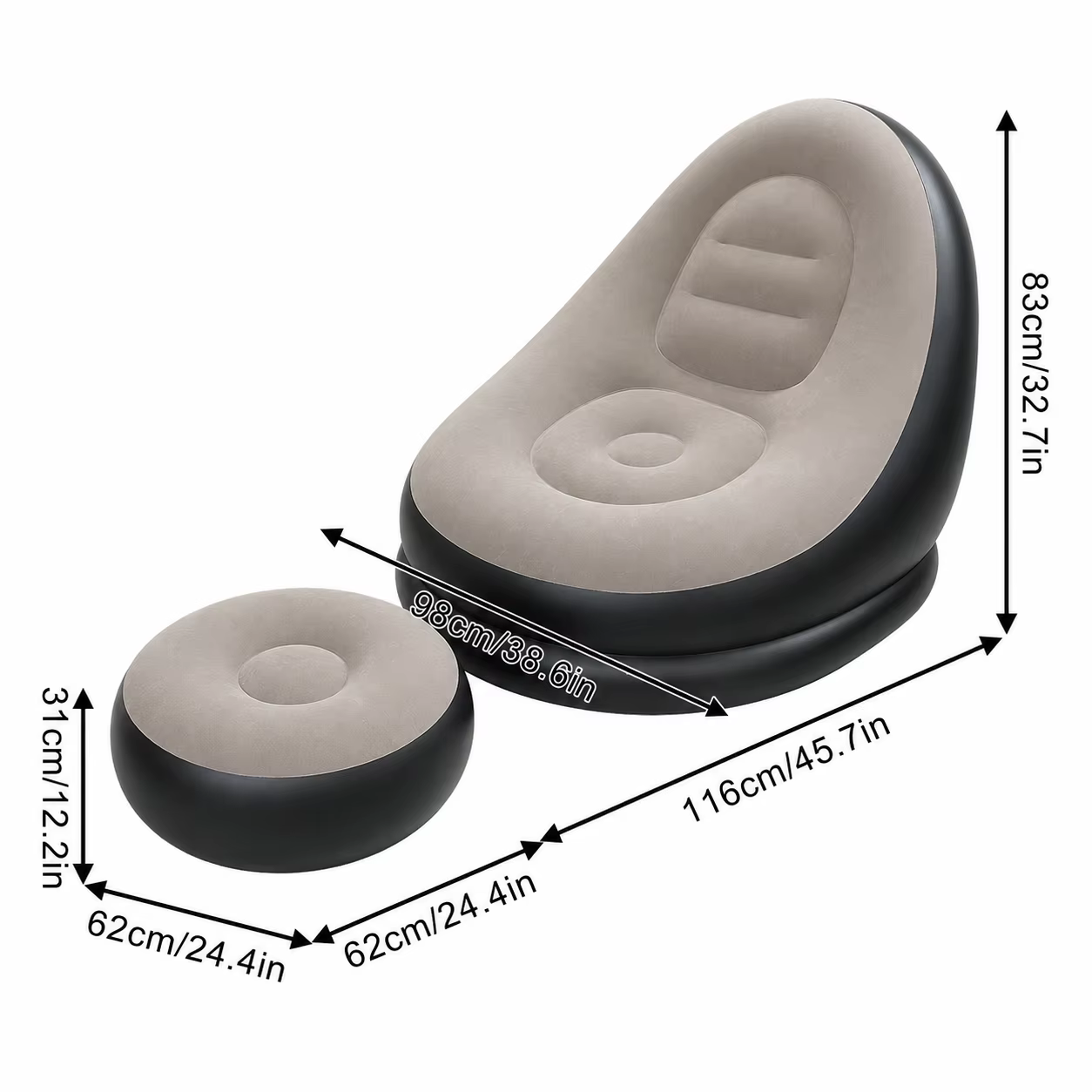 1PC Ensemble Portable Gonflable Fauteuil Paresseux et Ottoman en Forme de Sac de Poêtons, Chaise Lon