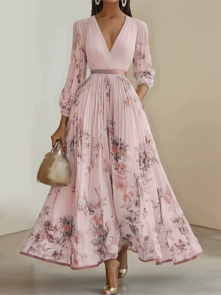 Robe imprimée élégante pour femmes, mode, manches longues, col en V, taille haute, robes amples à la