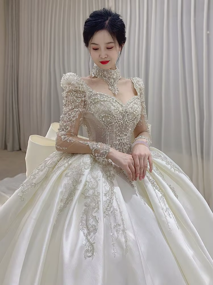 Robe de Mariée en Satin et Dentelle Brodée à Manches sulf, Grande Taille, sur Mesure, Nouvelle Colle