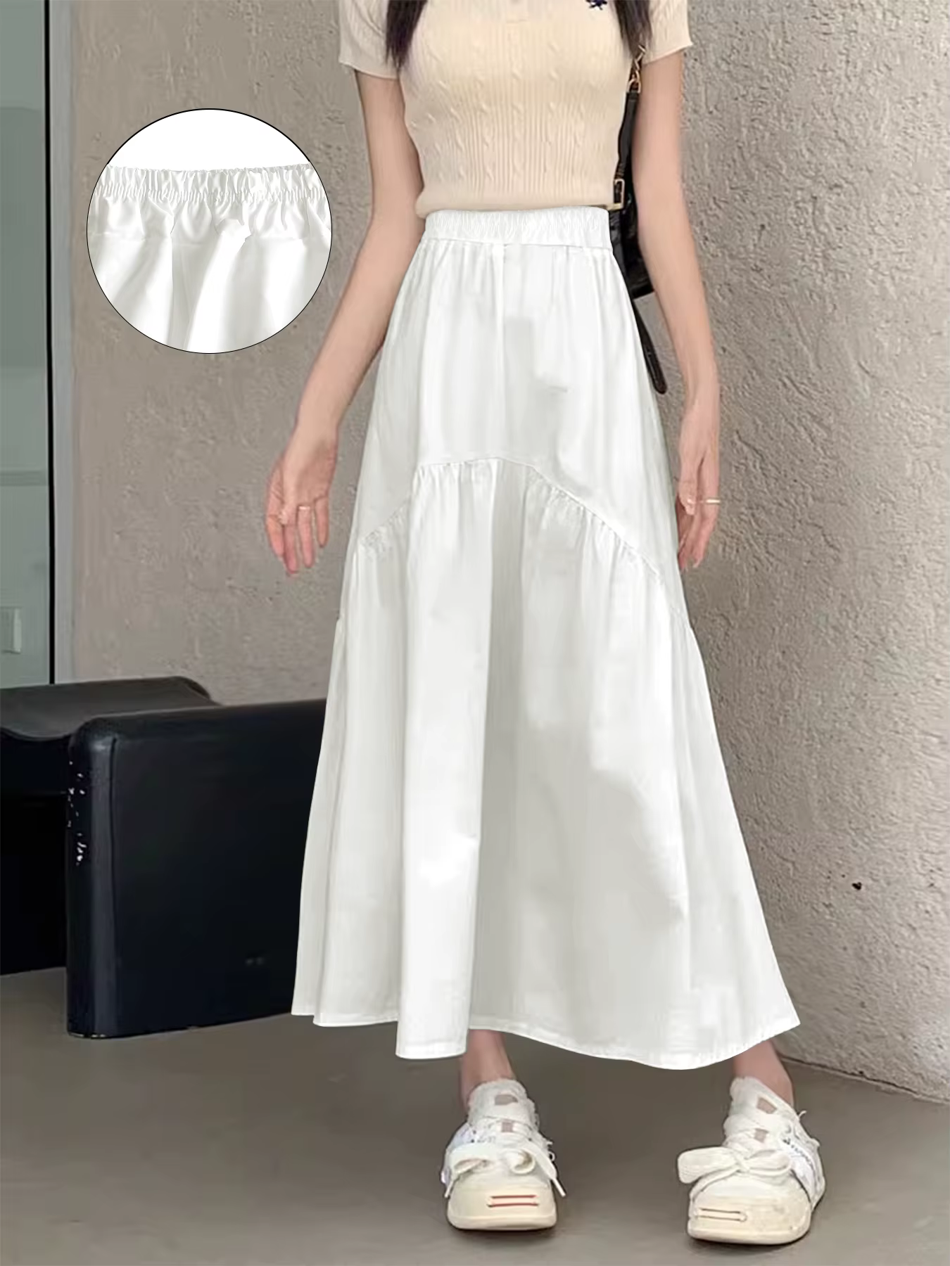 Jupe longue plissée à volants, taille haute élastique, coupe trapèze pour femme