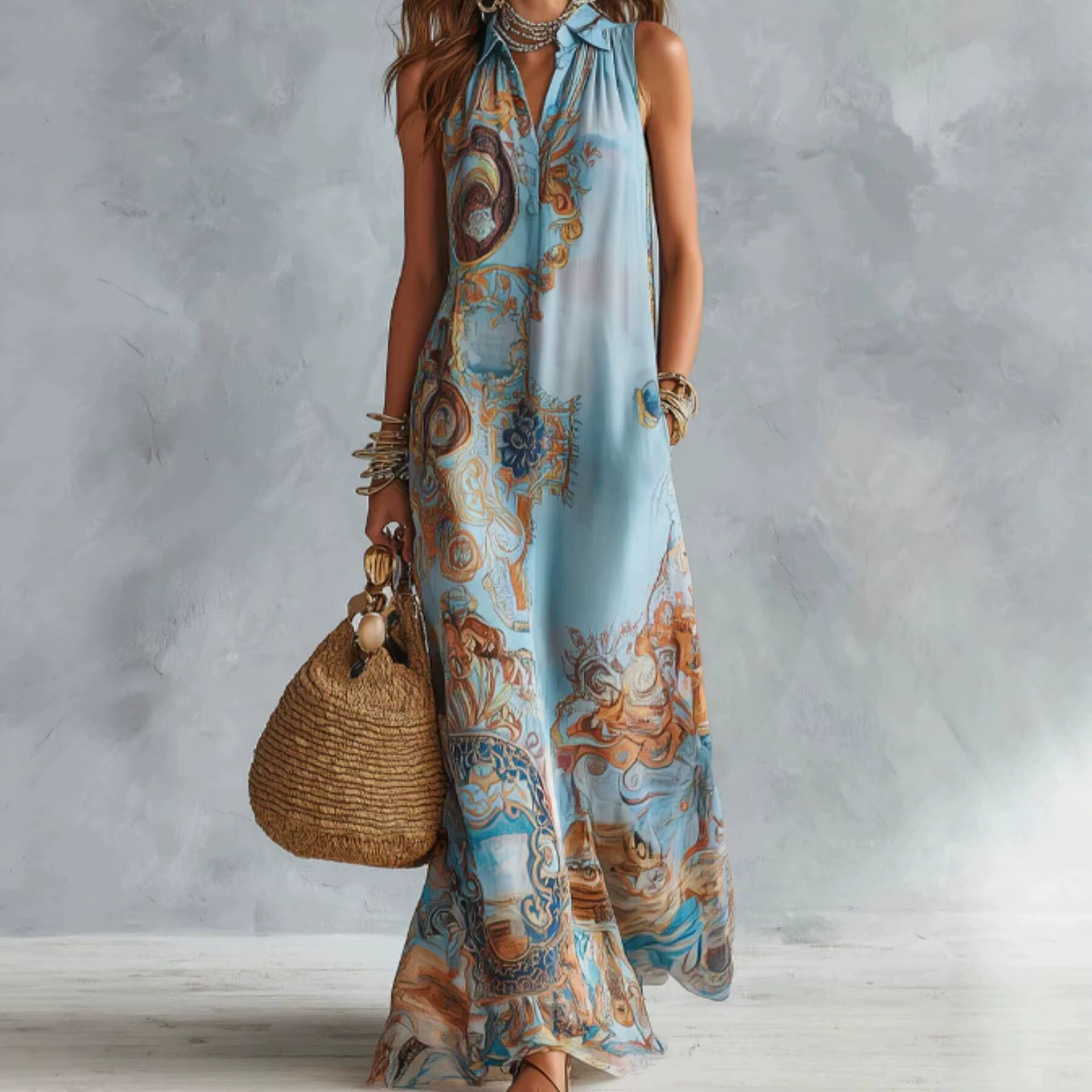 Robe longue élégante sans manches pour femme, imprimé numérique, col rabattu, simple boutonnage, flu
