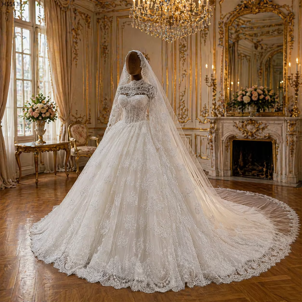 Robe de mariée élégante en dentelle perlée à manches longues et col montant, style princesse, avec t