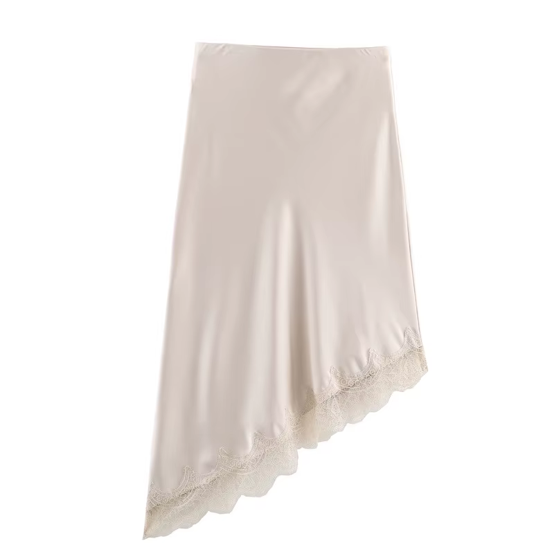Jupe en satin et dentelle pour femme, élégante, asymétrique, mini-jupe vintage à taille élastique, f