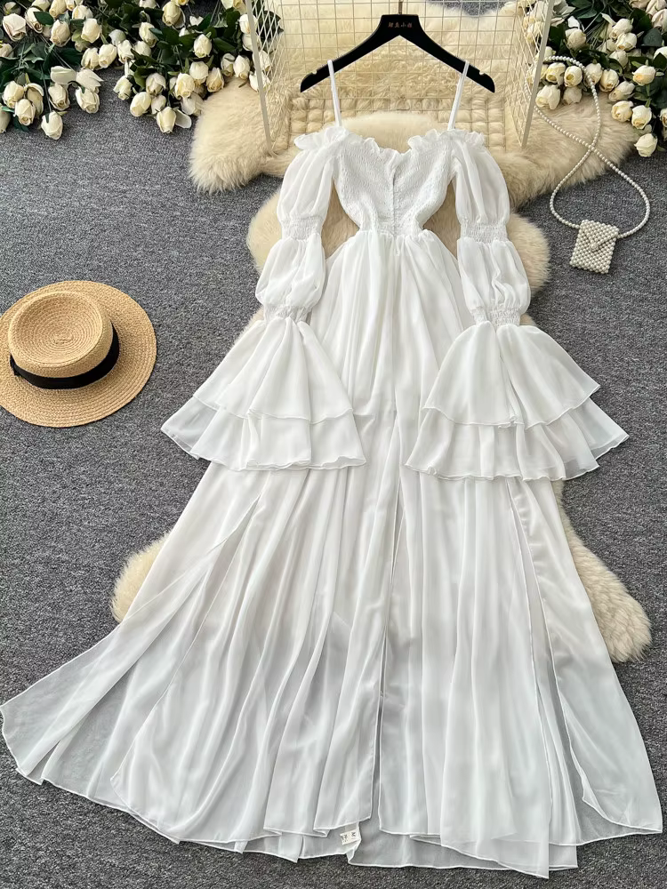 Robe longue blanche française pour femme, sexy, épaules dénudées, manches longues, pour soirée, en m