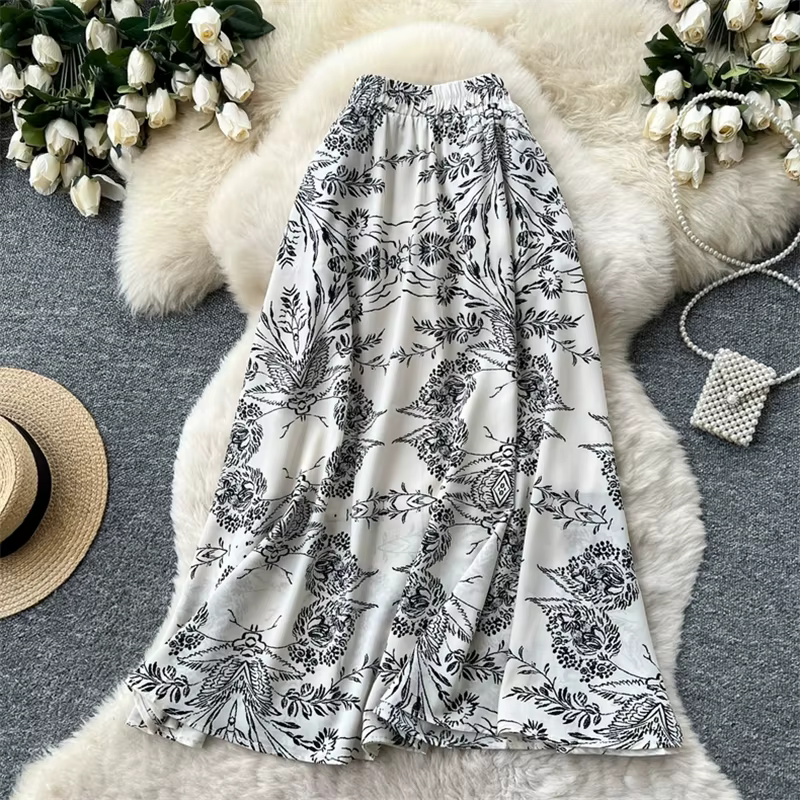 Jupe longue taille haute à imprimé floral vintage Karofi pour femme, élégante, coupe trapèze, pour l