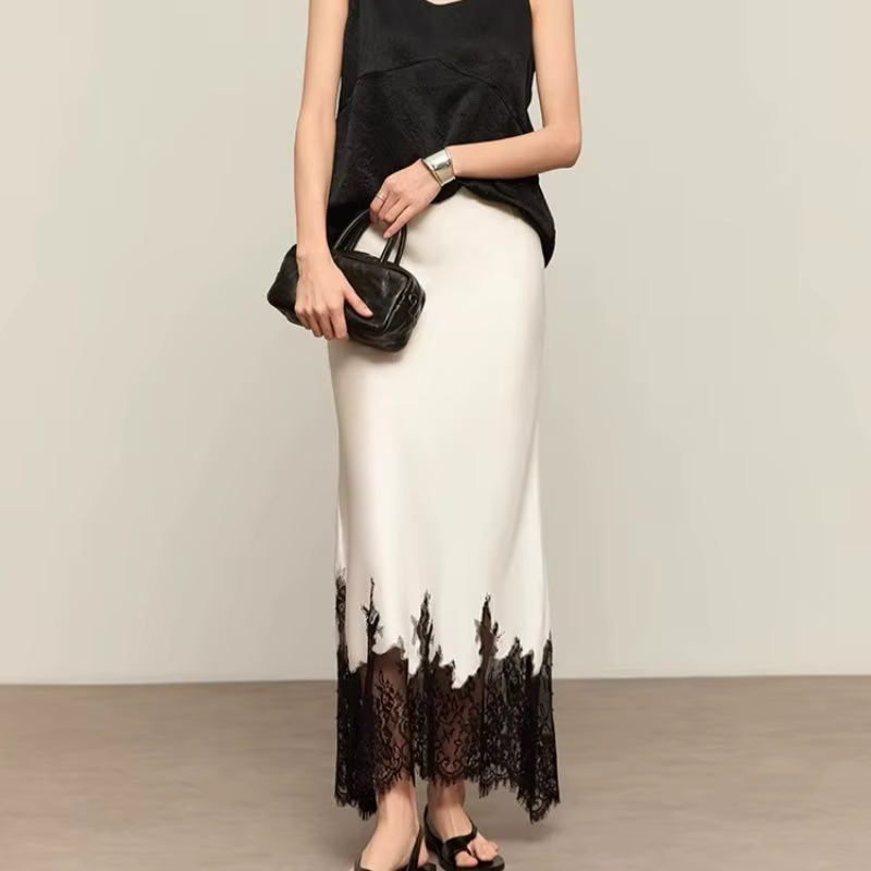 Jupe mi-longue en Satin et dentelle pour femmes, élégante, taille haute, enveloppée aux hanches, Sli