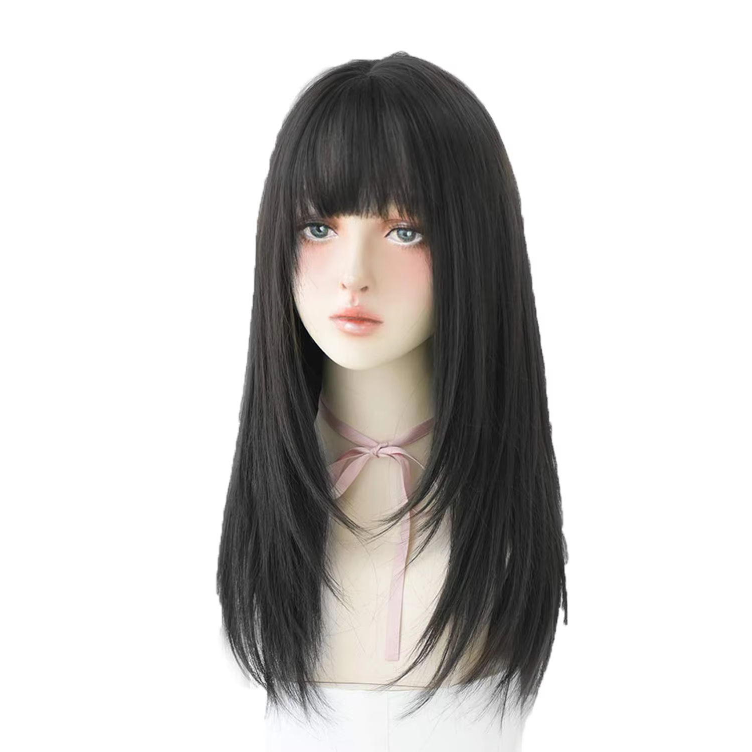 Perruque synthétique longue noire lisse avec frange, perruque longue haute densité pour femmes