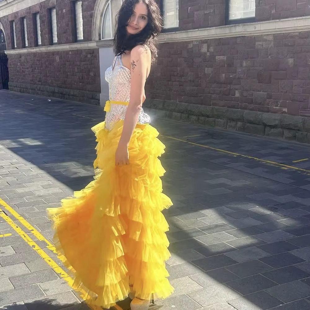 Jupe longue jaune à volants pour femme, jupe maxi à plusieurs niveaux, tenue de soirée sans haut