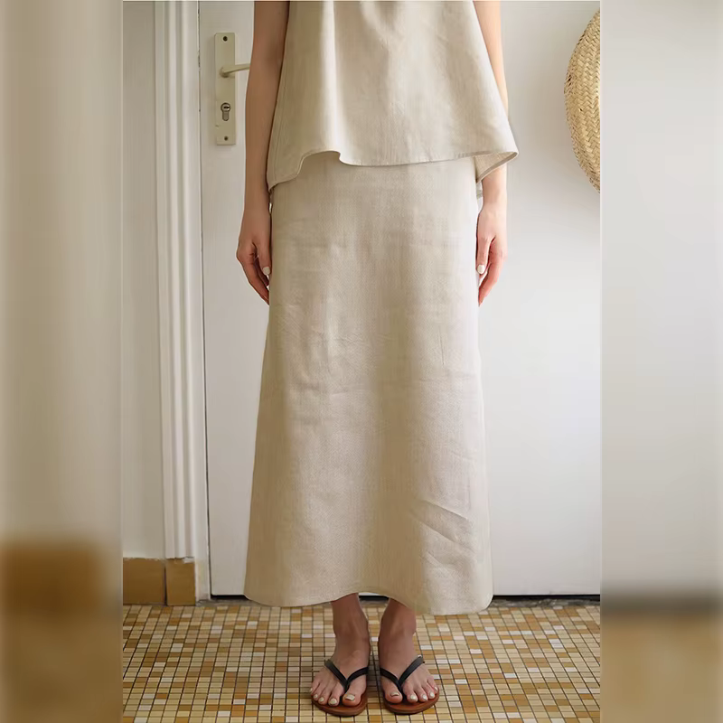 Jupes longues 100% lin pour femmes, jupes décontractées à taille haute, fermeture éclair au dos, jup
