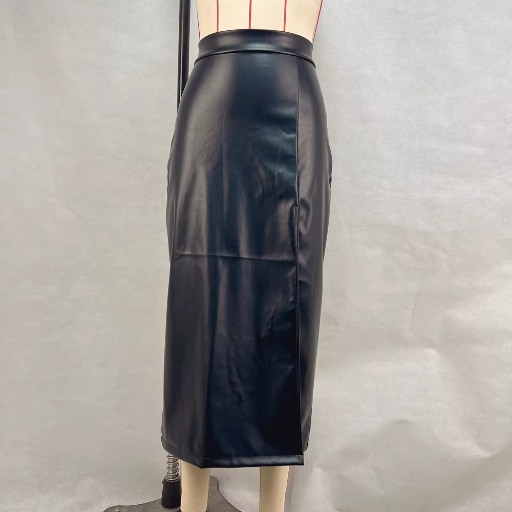 Jupe mi-longue en cuir Pu pour femmes, rouge, taille haute fendue, ligne a, hanche, couleur unie, Y2