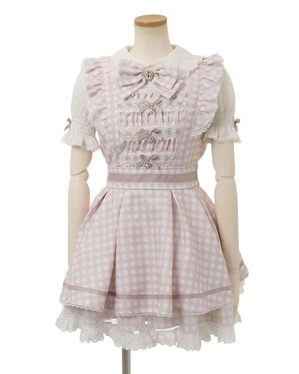 Ensemble Robe et Short Lolita à Carreaux Manches Longues Style Japonais Liz, Nouvelle Collection Aut