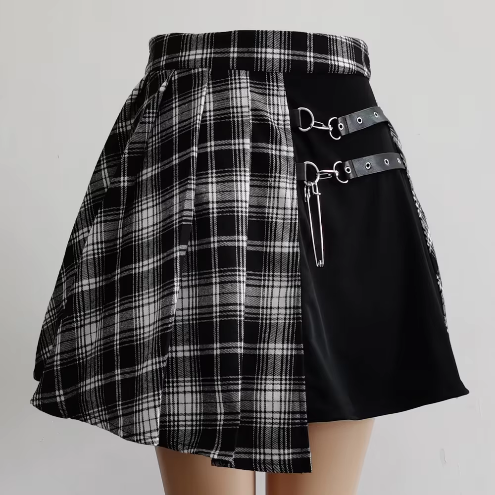 Jupe courte plissée rouge tartan pour femmes, streetwear décontracté à carreaux avec boutons latérau