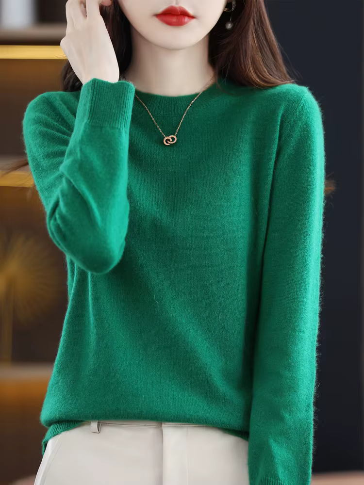 Mode 100% laine mérinos femmes pull col rond à manches longues pull printemps automne hiver basique