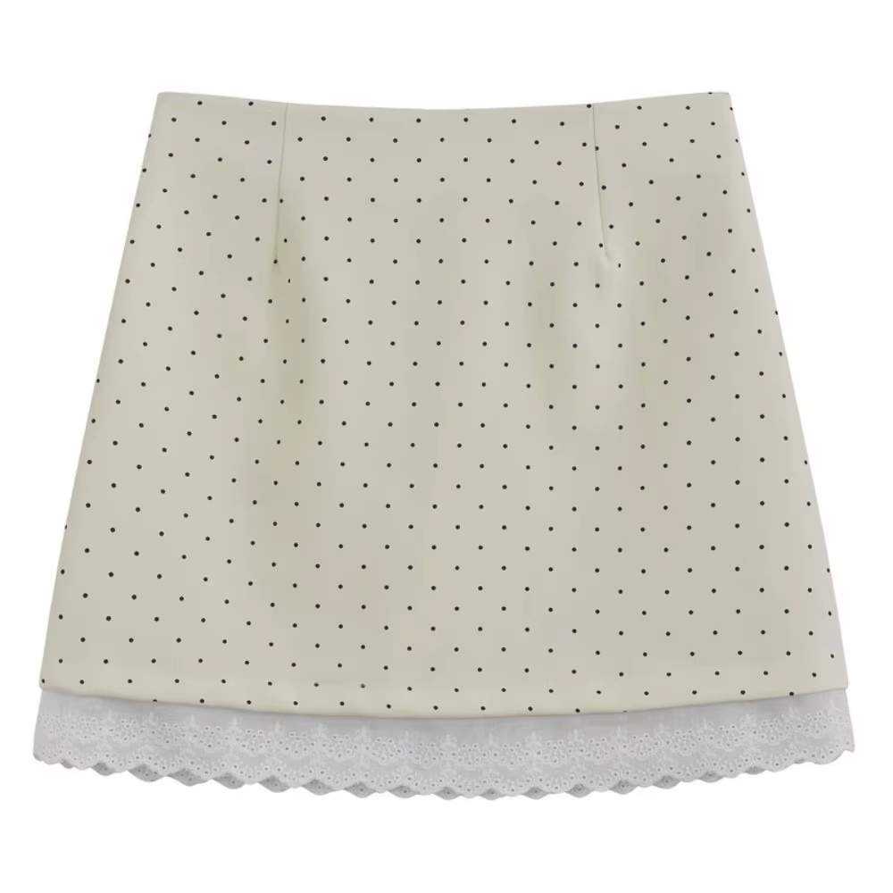 Mini-jupe élégante et raffinée à volants en dentelle, taille haute, motif à pois, style rétro, jupe