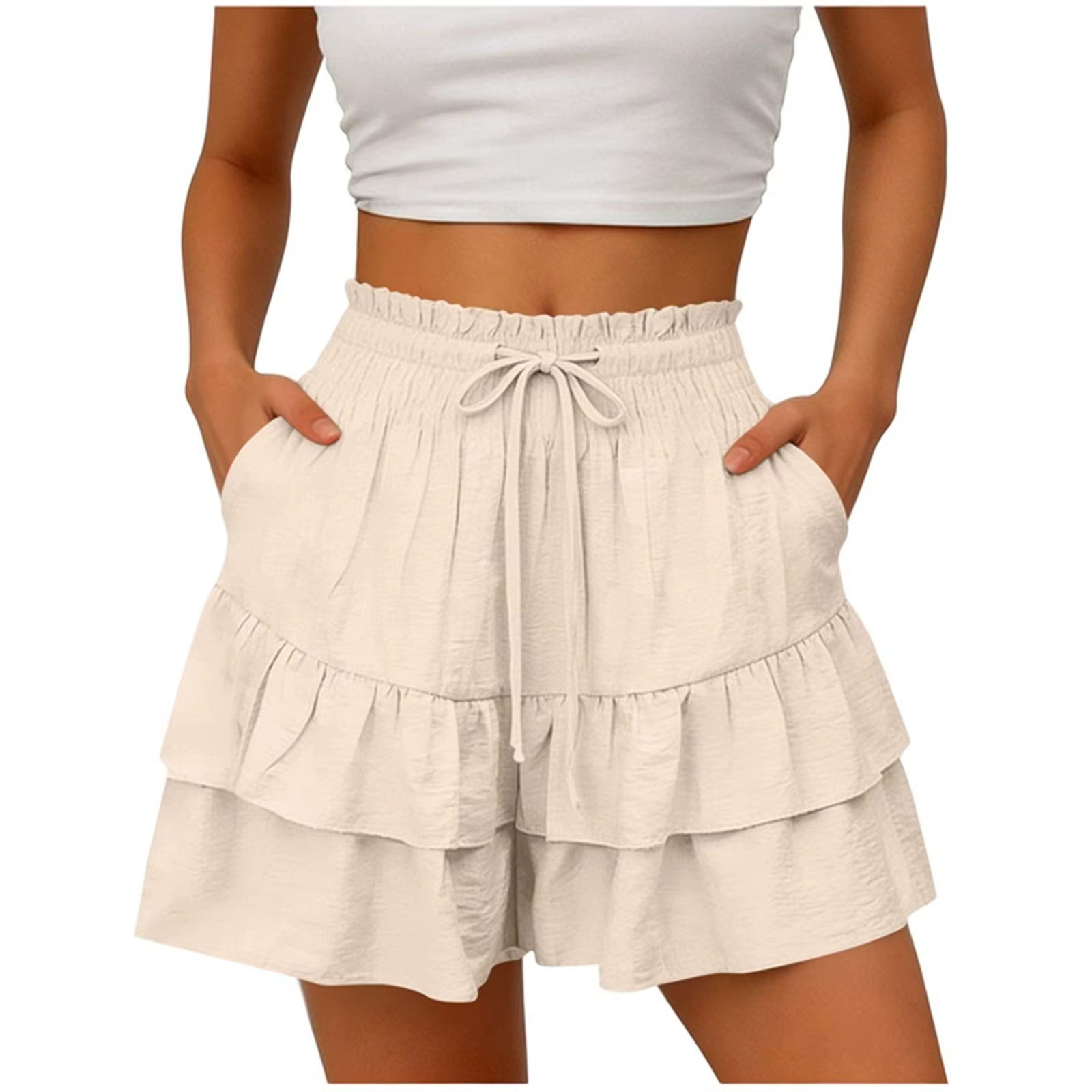 Shorts-jupe décontractés pour femme à volants superposés, taille haute élastique avec cordon de serr