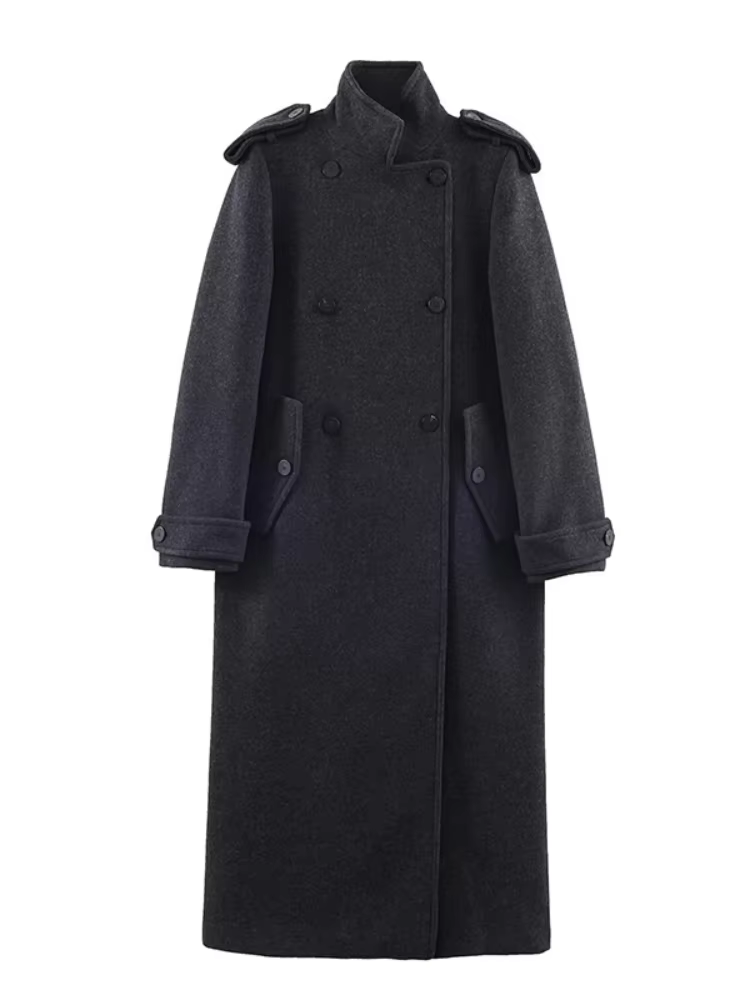 Manteaux longs à col roulé pour femmes, vestes en laine à manches longues, épaulettes de luxe, autom