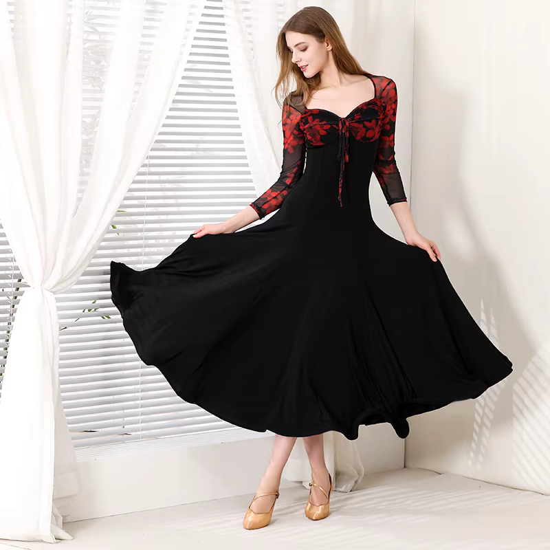 Costume de spectacle de danse moderne pour femmes, robe élégante à manches longues, robes de concour