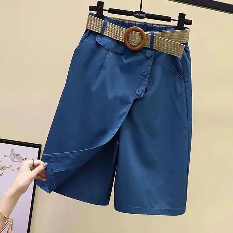 Pantalon jupe pour femmes Shorts été jambe large bleu taille haute poches à jambes droites femme cou