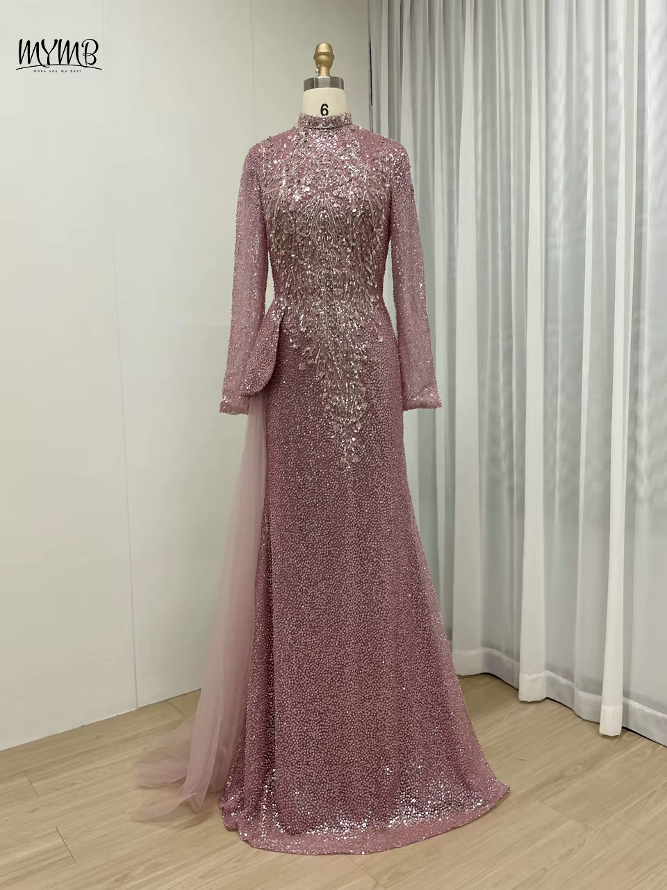 MYMB-Robe de soirée sirène à paillettes, manches longues, col haut, rose, élégante, pour occasions f