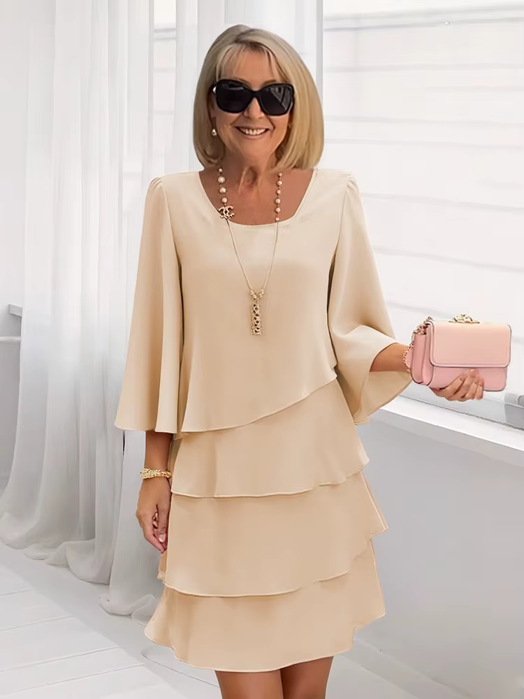 Jupe gâteau à la mode pour femmes, manches cloche, col rond, couches, robe fluide, tenues de fête de