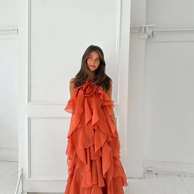 Robe longue Tube plissée pour femmes, motif floral 3D, sans manches, dos nu, drapée, été, robes de s