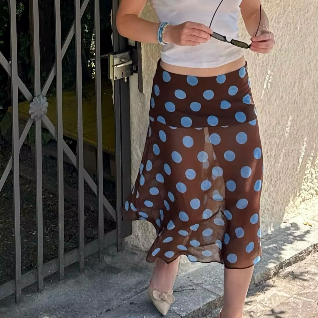 Jupe irrégulière pour femmes mode à pois maille jupe taille haute mince décontracté vacances mi-long