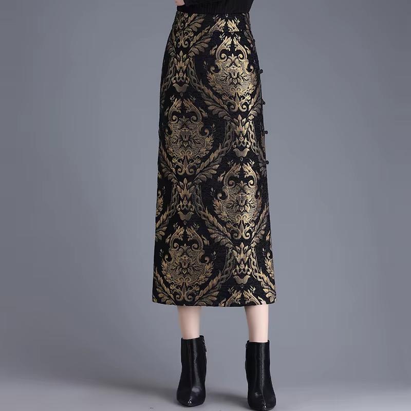 ZUZK velours or gaufré jupe droite femmes automne hiver nouveau rétro coupe ajustée corps fendu mi-l