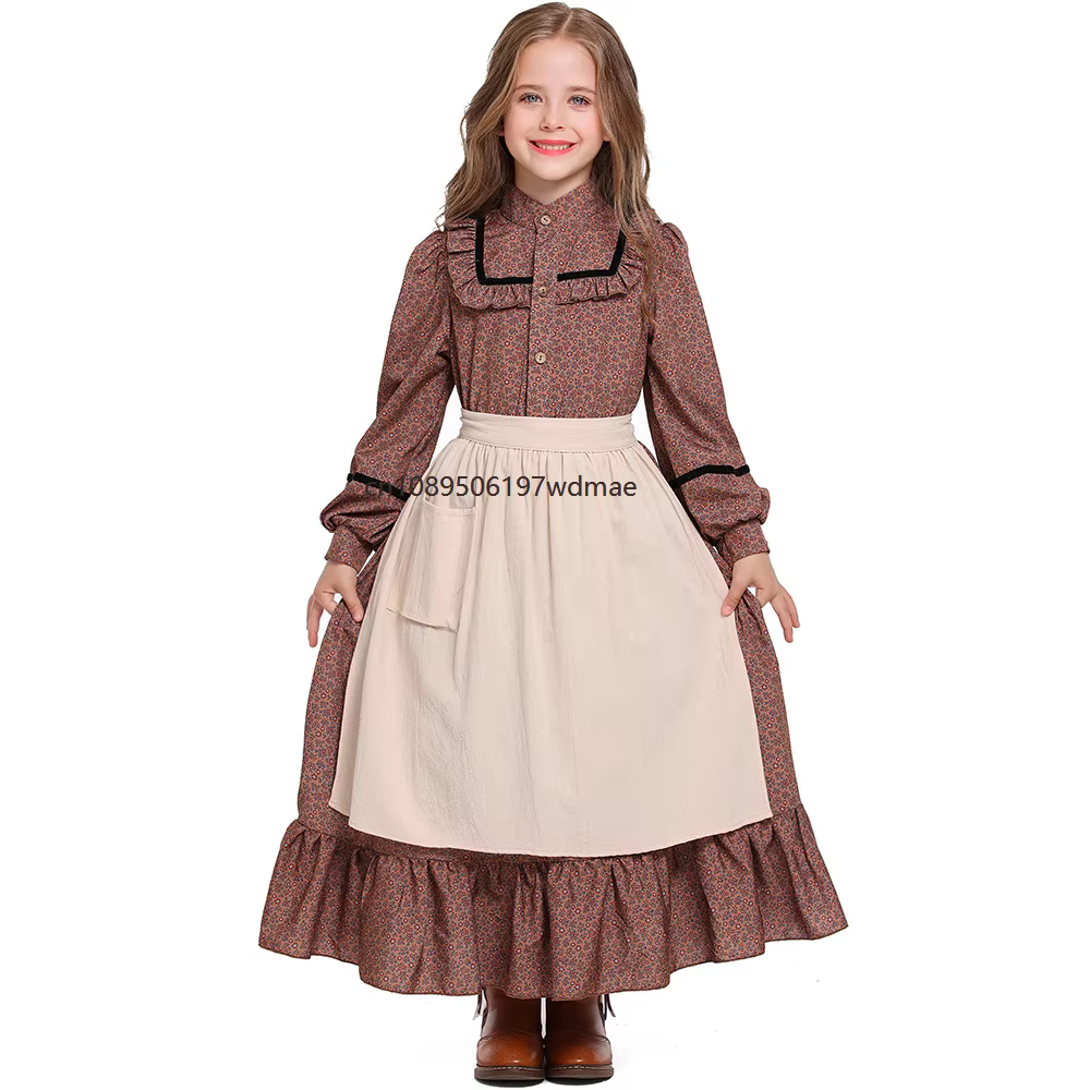 Robe longue florale médiévale vintage marron, costume de cosplay, tenue de scène pour fête à thème, 