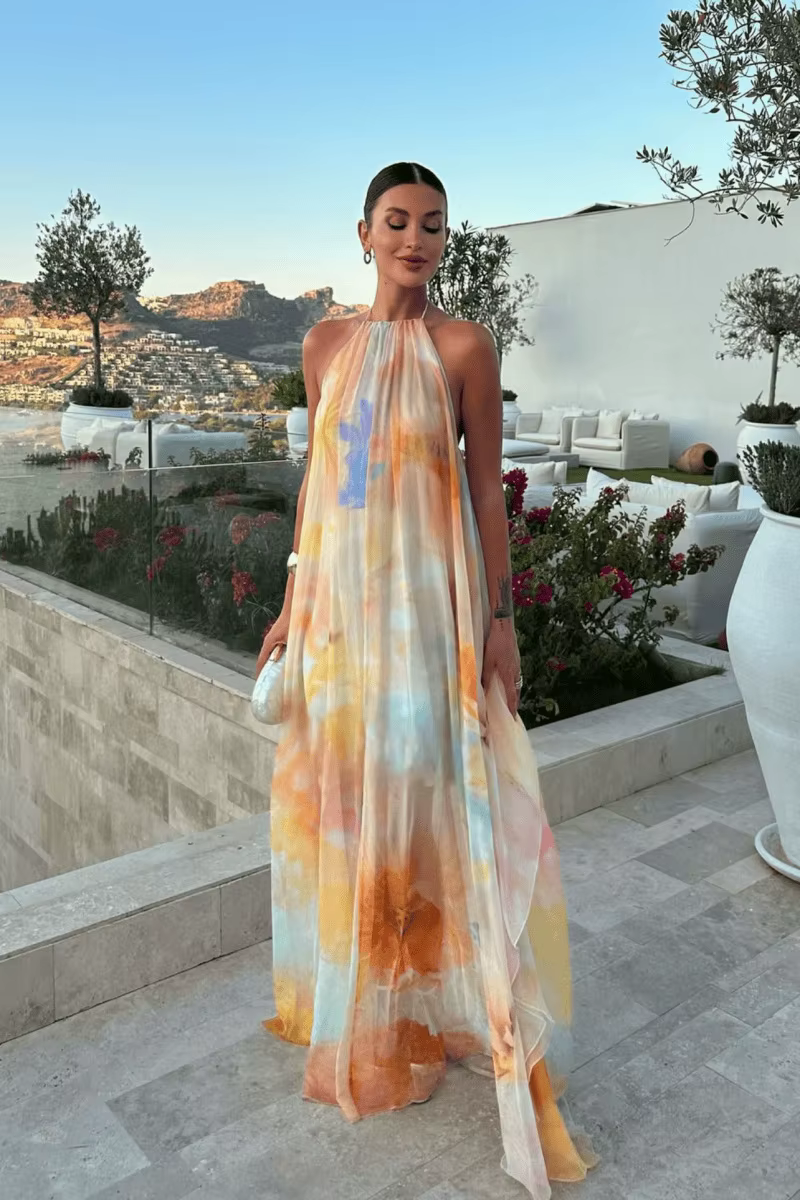 Robe longue imprimée à col licou pour femme, style sexy avec lacets au dos, idéale pour les vacances