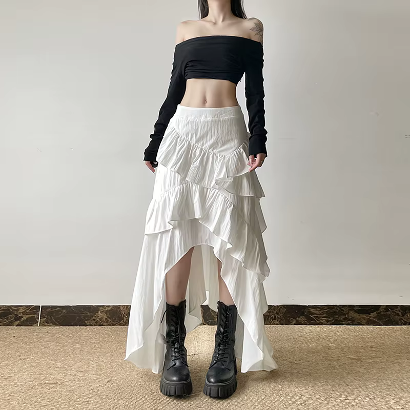 Jupe Longue à Volants Irrégulière et Simple, Taille Haute, Tempérament Blanc, Ligne A, Chic, Nouvell