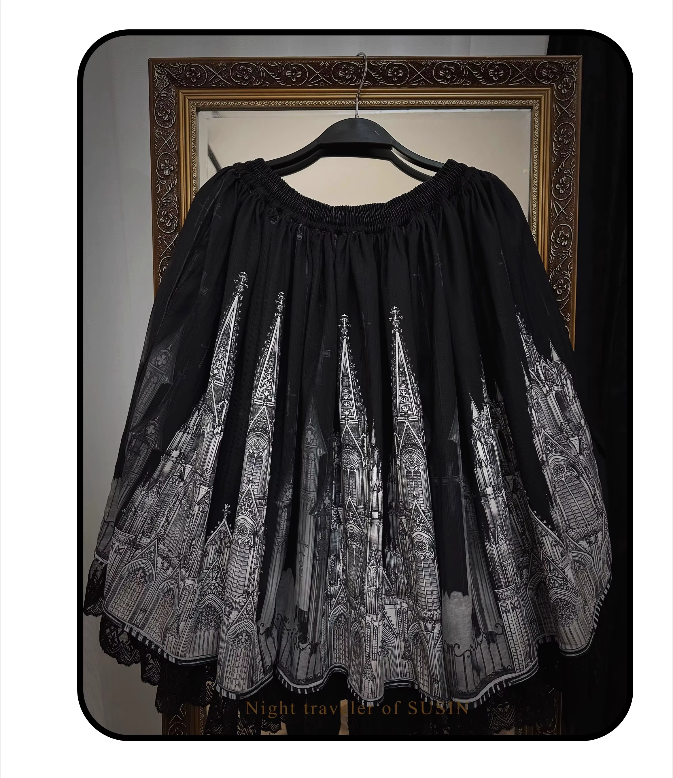 Jupe trapèze gothique, fenêtre de cathédrale imprimée, courte taille élastique, jupe Lolita ~ voyage