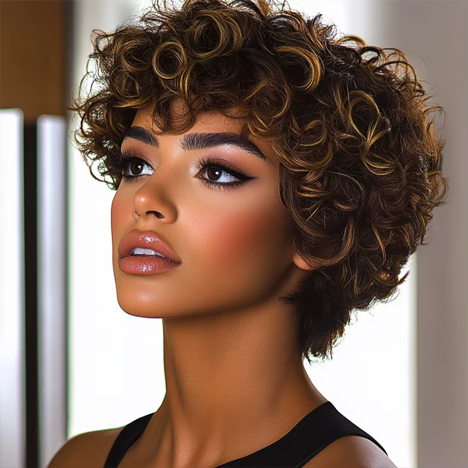 Perruque de cheveux humains brésiliens courts crépus bouclés Afro coupe lutin avec frange Ombre coul
