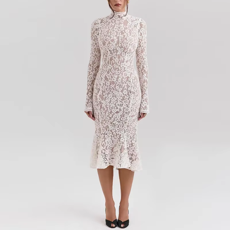 Robe mi-longue sexy en dentelle à manches longues pour femmes, col mi-haut blanc élégant, taille hau