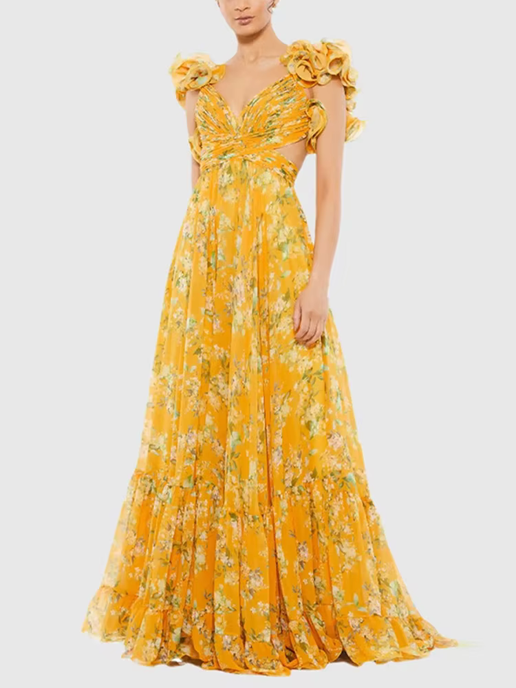 Robes de soirée pour femmes en mousseline plissée imprimée, longues, à grande jupe, élégantes, col e