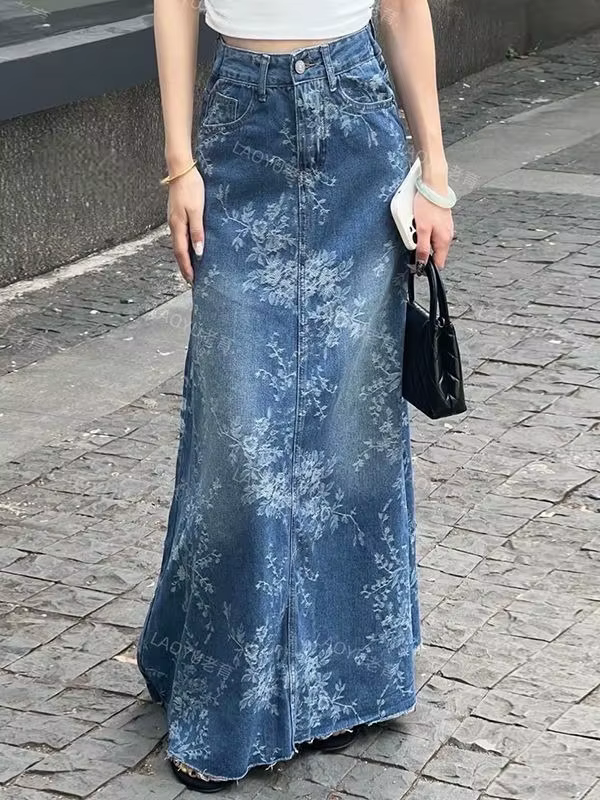 Jupe mi-longue en Denim à fleurs pour femmes, jupe longue trapèze fine et taille haute, ample et ami