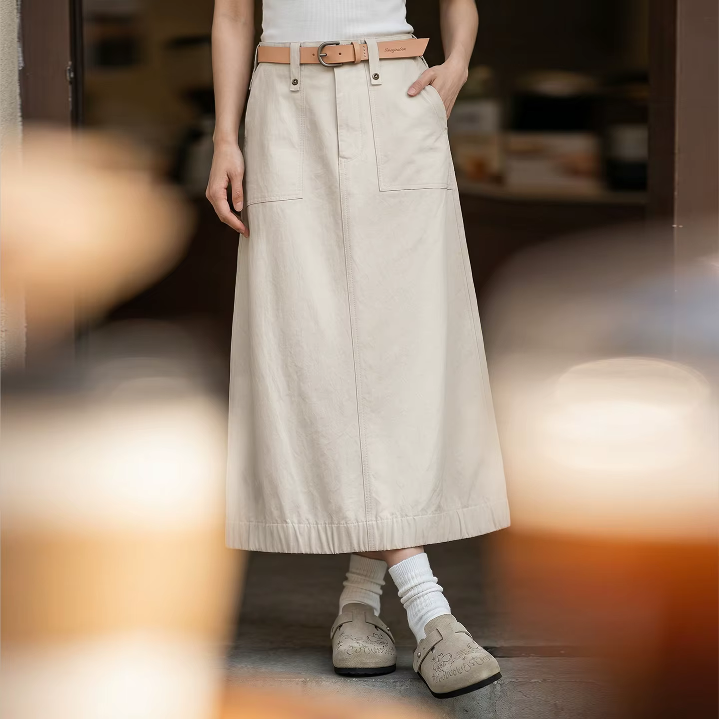 Jupe cargo Maden pour femme, coupe trapèze, longueur midi, fente arrière, taille haute, style vintag
