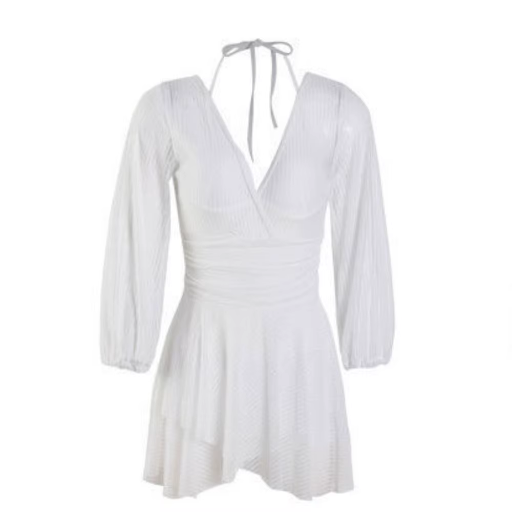 Maillot de bain transparent à manches longues et jupe, col en V, dos nu, style plage, coupe ajustée,