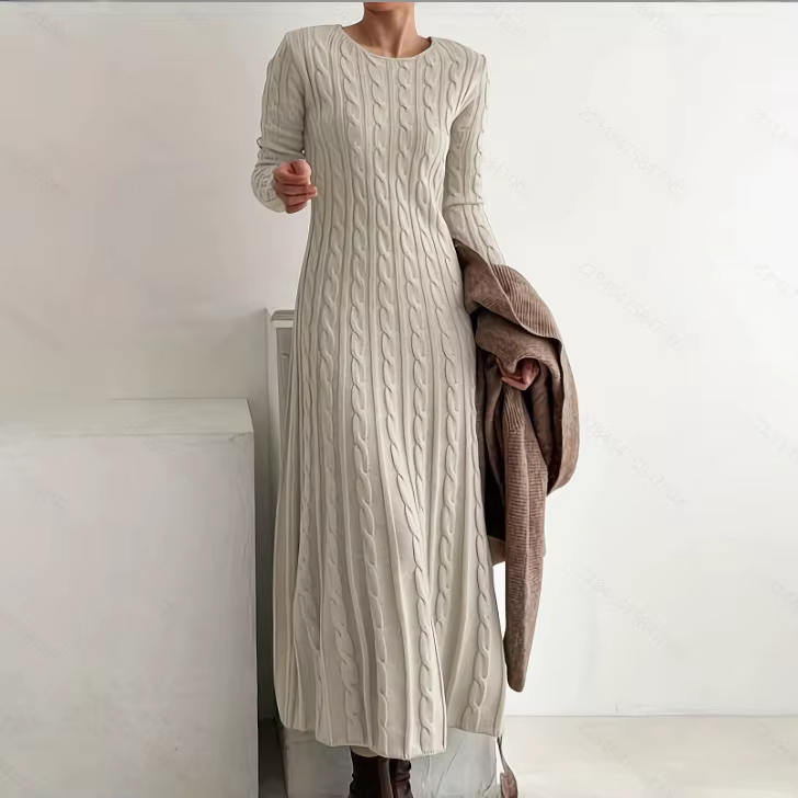 Robe tricotée automne hiver nouveau coupe ajustée col rond câble tricot pull robe longue robe intéri