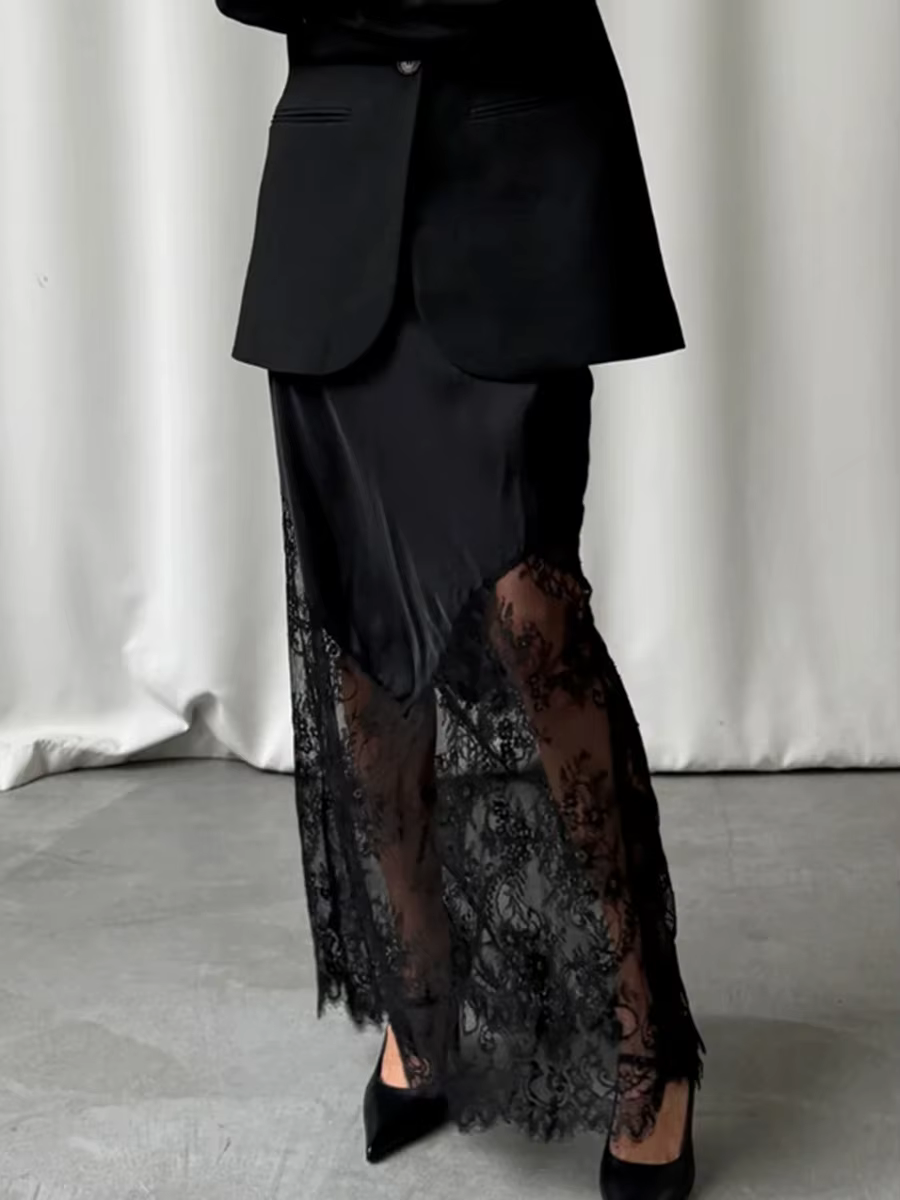 Dentelle Patchwork Satin jupe longue femmes été fermeture éclair taille haute élégant a-ligne Faldas