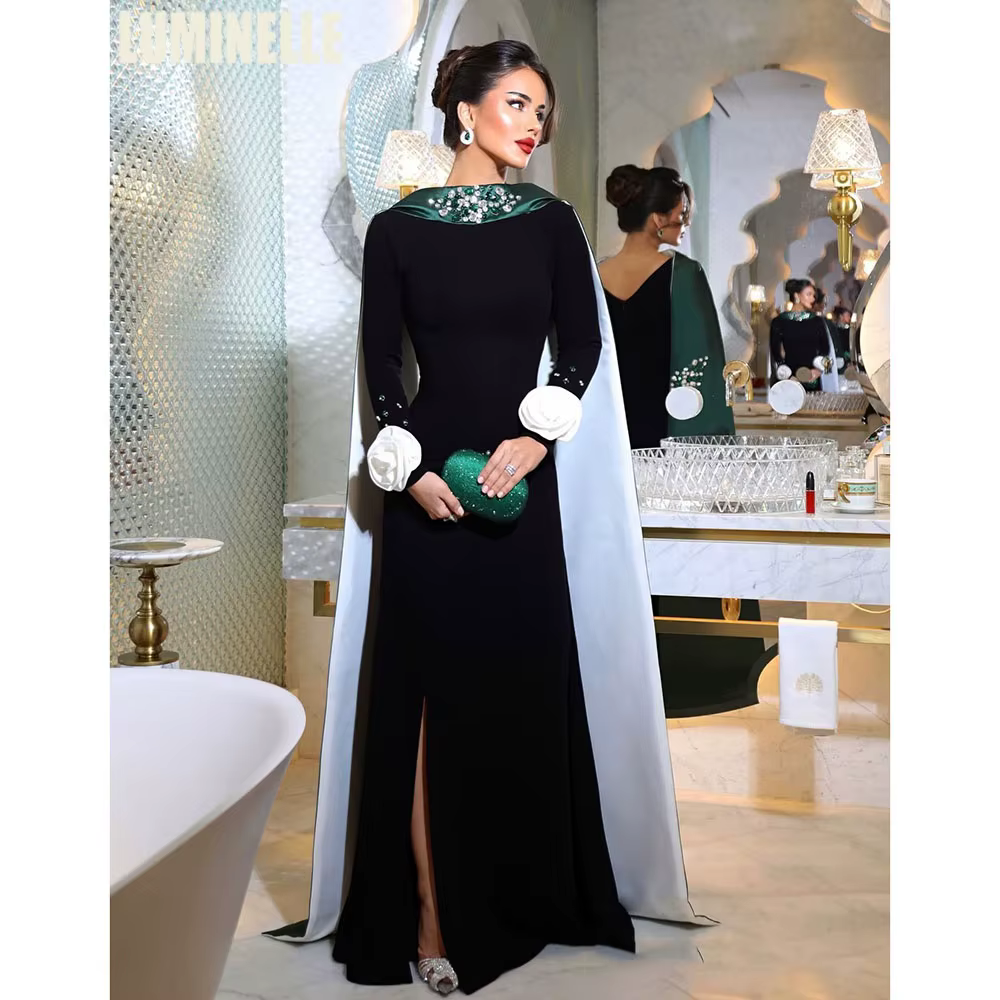 Robes de soirée en satin noir-vert avec perles, manches longues Watteau, fleurs 3D, fente latérale,