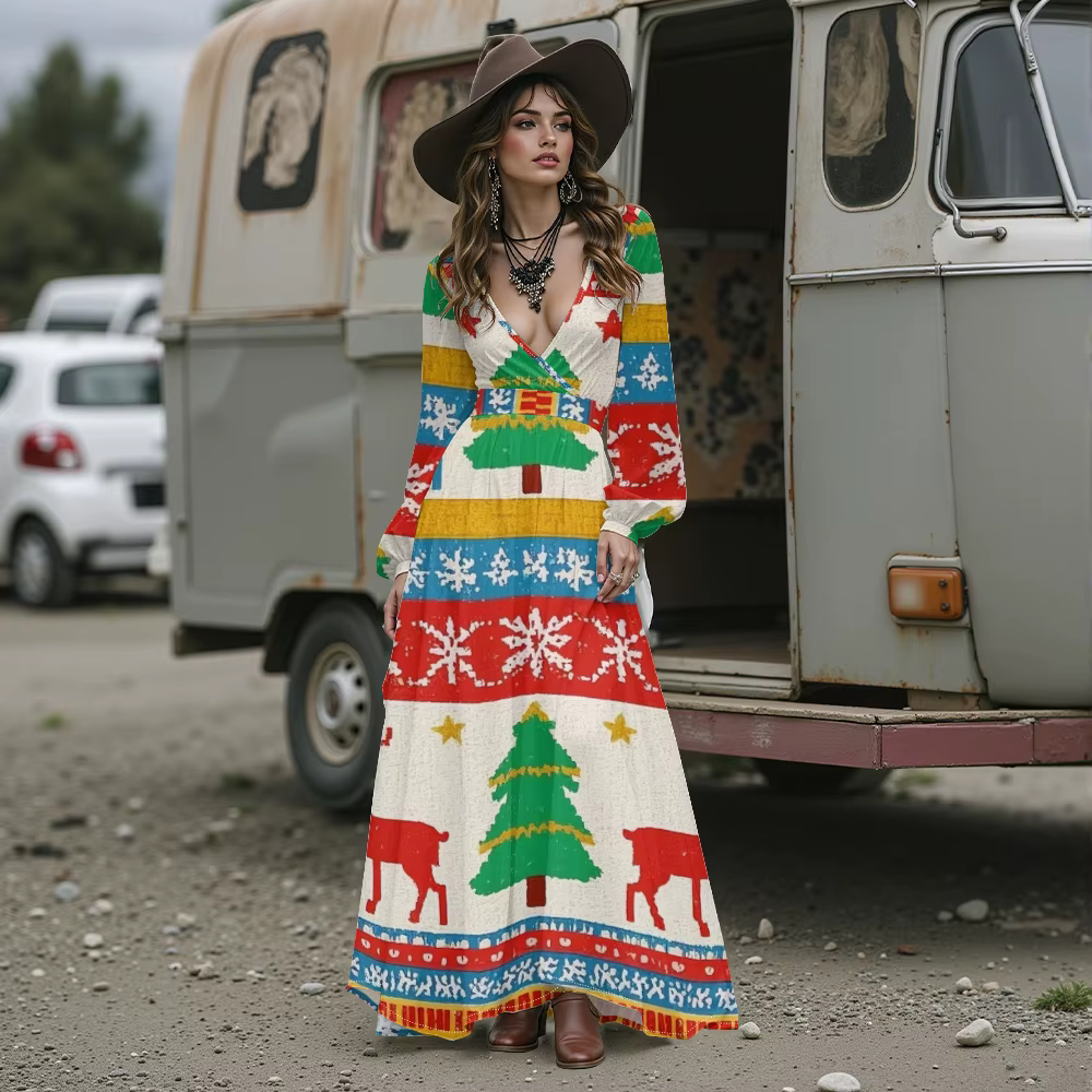 Robe de soirée de noël nordique Sexy pour femmes, manches longues, col en v profond, robe fluide en