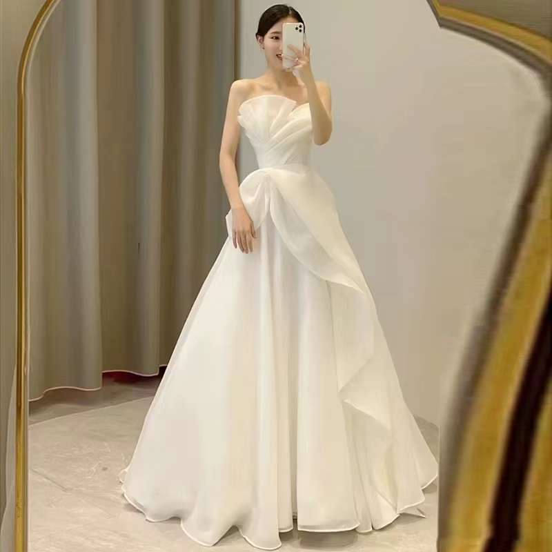 Robe de mariée maxi sans bretelles en mousseline de soie blanche pour femme, robes de Rhformelles, l