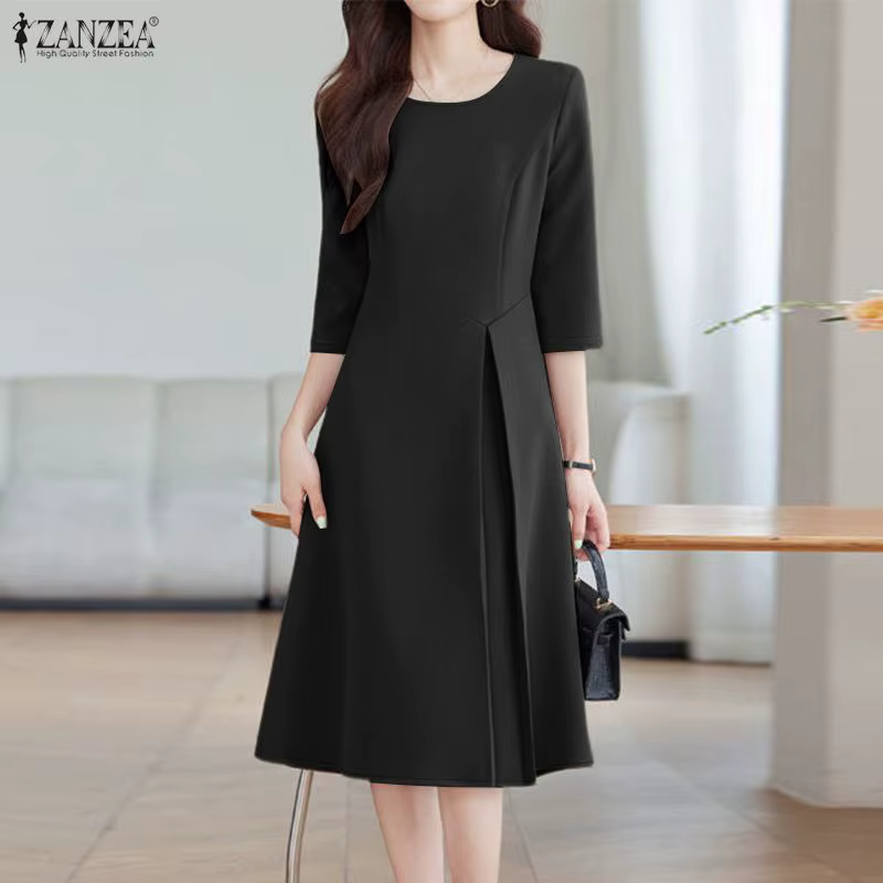 ZANZEA – robe trapèze noire élégante pour femmes, col rond, manches 3/4, coupe évasée, longueur aux 