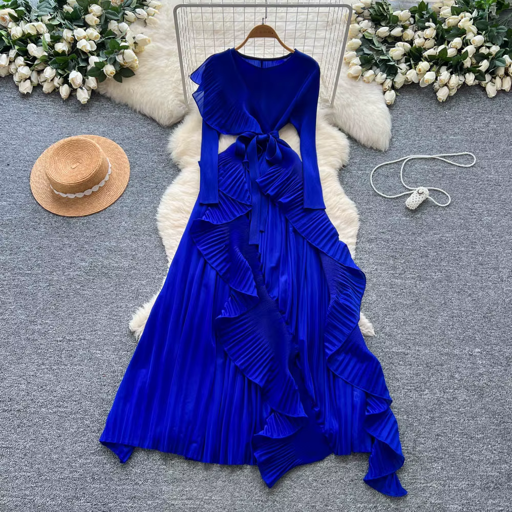 Robe plissée pour femmes, automne 2025, Premium Sense, sangle, taille irrégulière, bord Lotus, robes