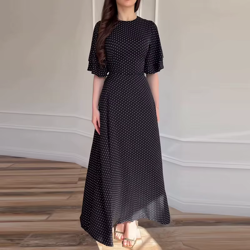 Robe longue élégante à pois imprimés taille haute pour femme, col rond, coupe ajustée, style bohème,
