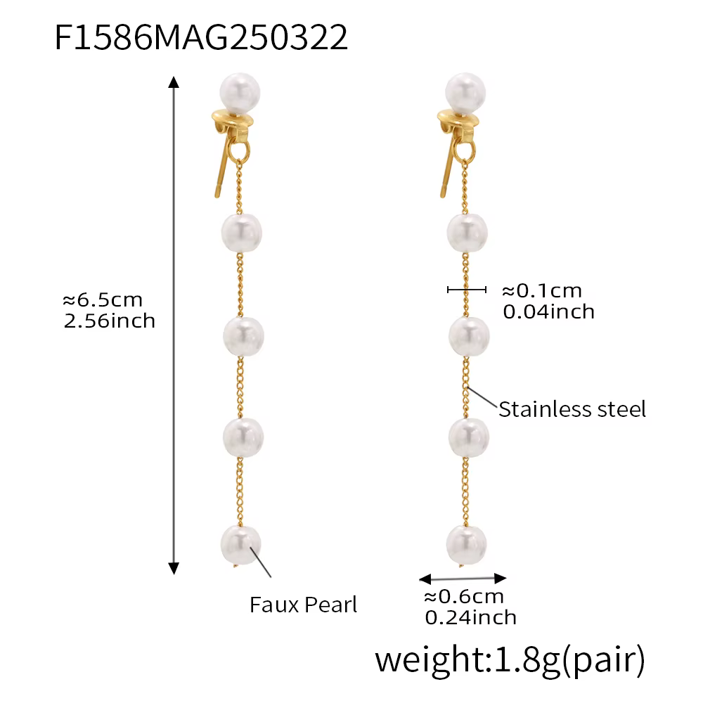 Boucles d'oreilles longues pendantes avec pampilles en perles pour femmes, clous d'oreilles en acier