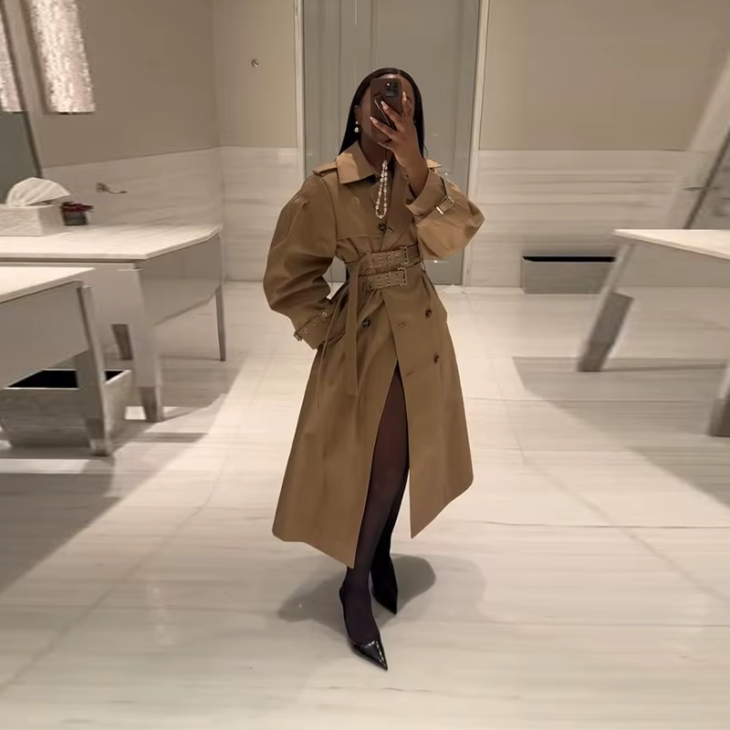 Coupe ample Long Trench Coat femmes solide Double boutonnage ceinturé taille coupe-vent femme automn